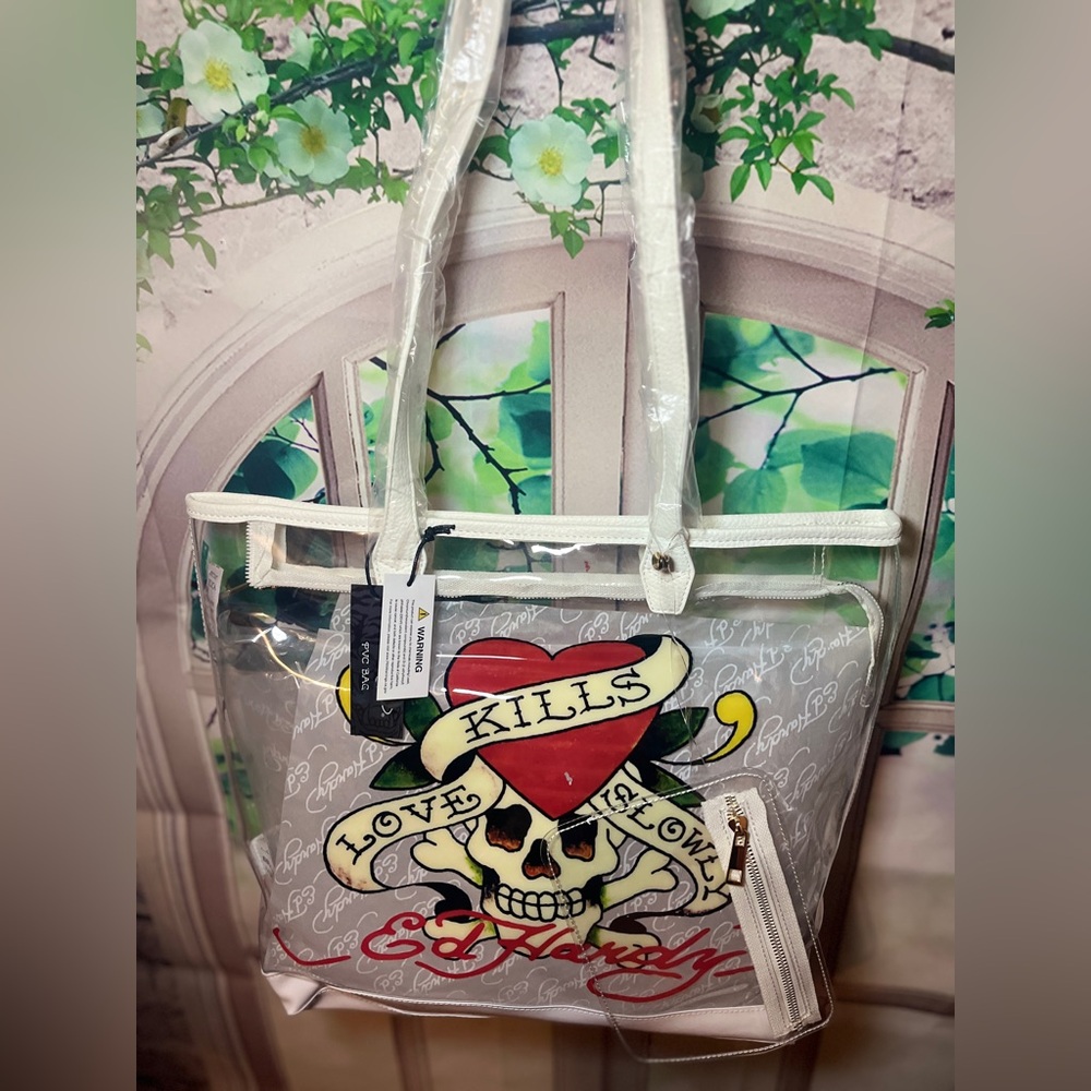 Ed Hardy Love Kills Slowly PVC White Clear See-through Tote Bag NEW